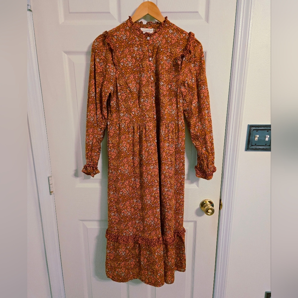 Universal Thread Floral Orange Long Sleeve Dress Country Prairie Size XS Pockets